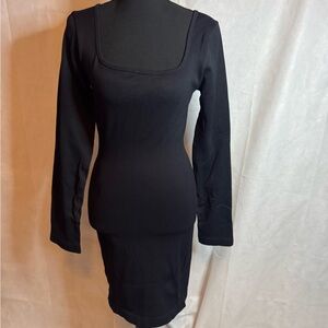 Black Long Sleeve Square Neck Ribbed Bodycon Dress
